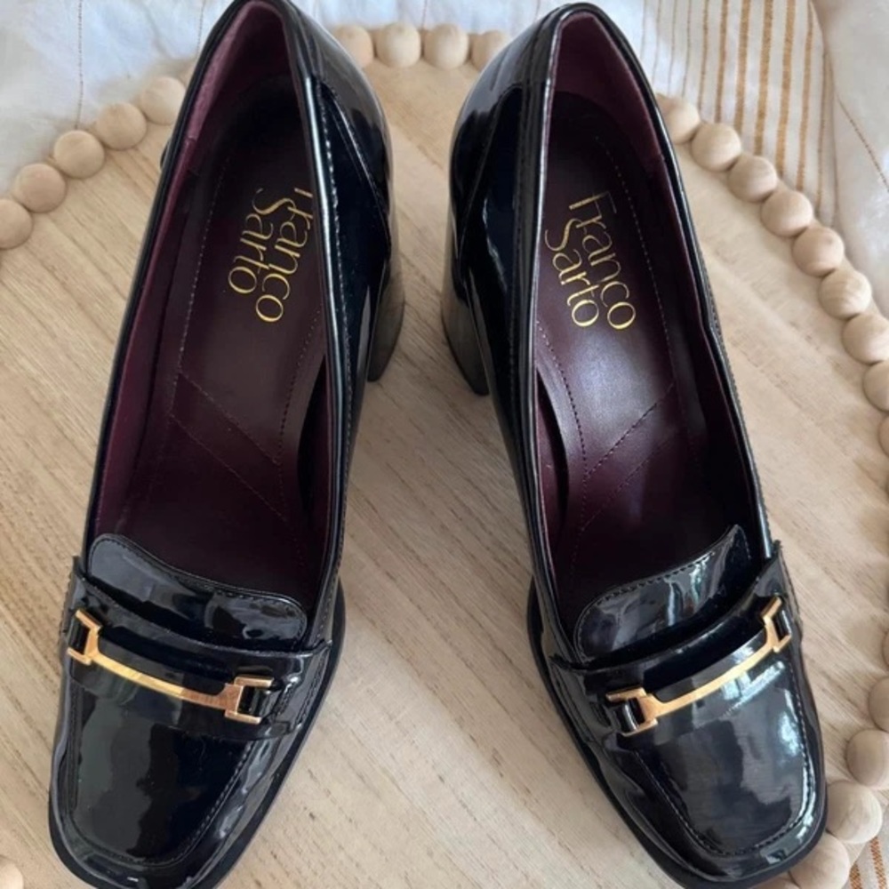 Franco Sarto Black Patent Heels with Gold Detail